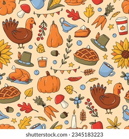 Thanksgiving and autumn seamless pattern with doodles on light yellow background for wallpaper, scrapbooking, wrapping paper, textile prints, etc. EPS 10