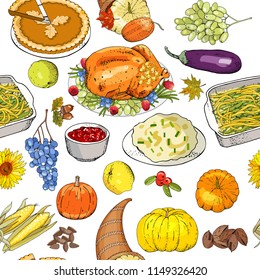 Thanksgiving autumn seamless pattern with traditional dishes and symbols izolate on white.