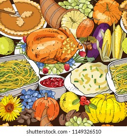 Thanksgiving autumn seamless pattern with traditional dishes and symbols.