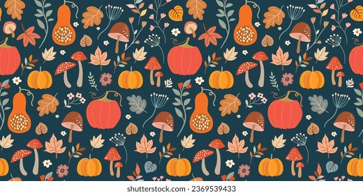 Thanksgiving autumn seamless pattern, wallpaper, background with pumpkins and seasonal vegetation