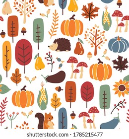 Thanksgiving Autumn seamless vector pattern. Repeating fall background hedgehog, squirrel corn tree pumpkin pear sunflower acorn. Harvest festival. Use for fabric, Thanksgiving decor, fall, autumn