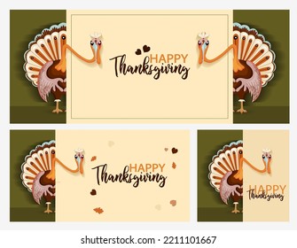 Thanksgiving autumn set. Vector illustration.Thank you digital painting, cute turkey banner, card. Festive background with funny turkey.