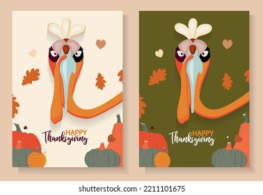 Thanksgiving autumn set. Vector illustration.Thank you digital painting, cute turkey banner, card. Festive background with funny turkey.