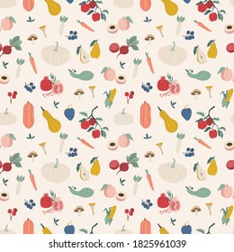 Thanksgiving Autumn vector pattern background. Fall illustration of  pumpkin, squash, pear, berries, apples. Harvest festival design. Perfect for fabric, thanksgiving decor and prints.