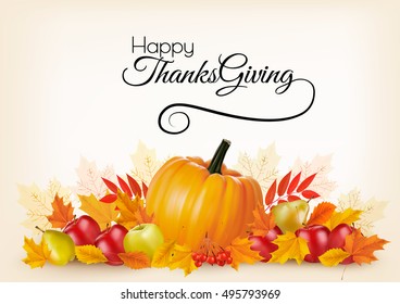 Thanksgiving background with autumn fruit and leaves. Vector.