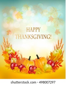 Thanksgiving background with autumn fruit and leaves. Vector.