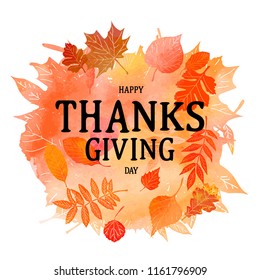 Thanksgiving background. Autumn leaf foliage watercolor. Web banner or poster for e-commerce, on-line cosmetics shop, fashion and beauty shop, store. Watercolor texture. Vector illustration. EPS 10