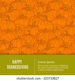 Thanksgiving background card with pumpkin and autumn leaves.