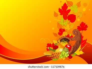   Thanksgiving background with cornucopia full of harvest fruits and vegetables