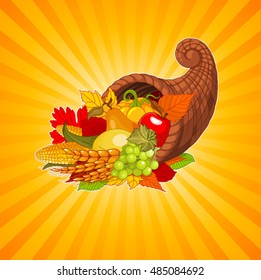 Thanksgiving background with cornucopia full of harvest fruits and vegetables 