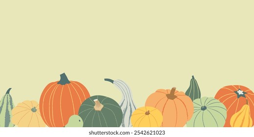 Fondo de Acción de Gracias con diferentes calabazas. Ilustración moderna de estilo plano en cálidos colores otoñales. Copiar espacio. Vector de calabazas coloridas y calabazas para la temporada de cosecha