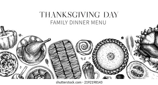 Thanksgiving background. Fall food and drinks trendy frame design. Sketched turkey, vegetables, baked goods, and desserts black and white sketches. Vintage autumn food template. Thanksgiving dinner