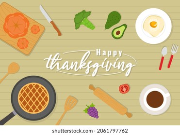 Thanksgiving background with festive food such as pie, fried egg, fresh fruits and a cup of coffee. Autumn inscription. Seasonal lettering. Harvest labels vector illustration