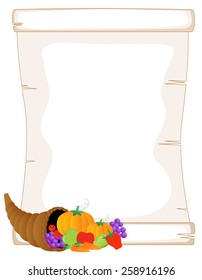 Thanksgiving background with fresh fruits and vegetables and old looking scroll paper isolated on white 