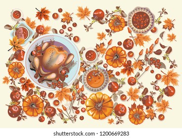 Thanksgiving background, holiday table, Turkey, pumpkin soup, thanksgiving symbols. Vector illustration.