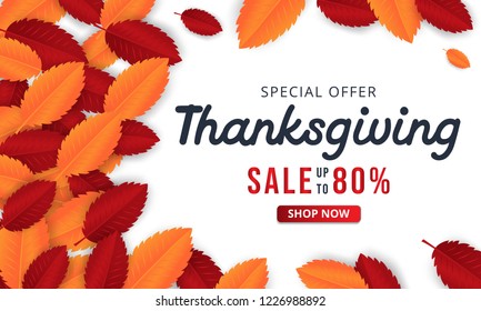Thanksgiving Background with leaves for shopping sale or promo poster and frame leaflet or web banner. vector eps 10