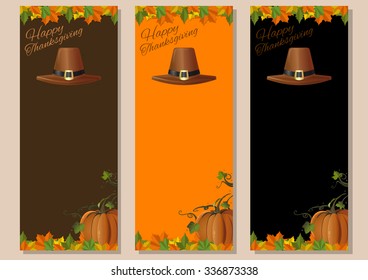Thanksgiving background. Multicolored banners set with pumpkins, fallen leaves and pilgrim's hat. Vector illustration.