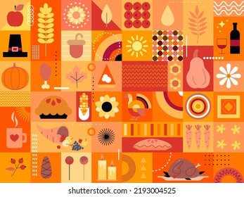 Thanksgiving background. Orange design with autumn symbols. Food and drinks. Autumn party. Fall signs, symbols, icons. Thanksgiving holiday design for banners, posters, bar menu