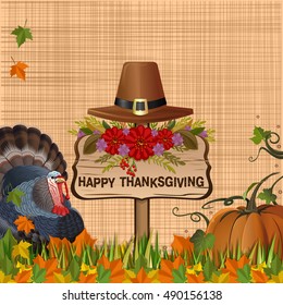 Thanksgiving background with pumpkin, turkey, fallen autumn leaves and pilgrim's hat. Vector illustration