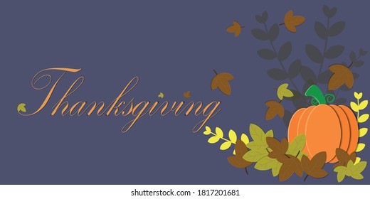 Thanksgiving background pumpkins and fallen leaves on a popular trendy backdrop. Thanksgiving and Halloween concept. Copy space for text and design