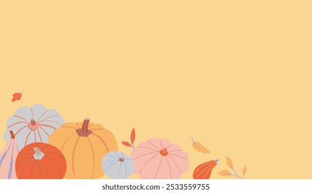 Thanksgiving background with pumpkins in modern flat style. Illustration of squashes and gourds with autumn leaves on yellow background