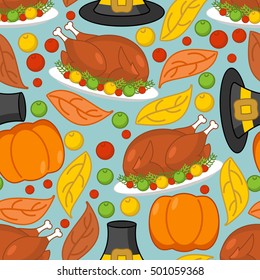 Thanksgiving background. Roasted turkey and fresh pumpkin. Pilgrim hat and autumn leaves. Traditional festive ornament. Texture Historic national holiday
