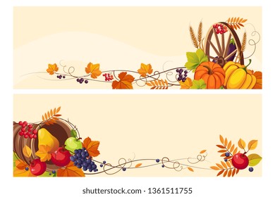 Thanksgiving background with space for text, horizontal banners with autumn grape leaves, pumpkins, fruit and vegetables vector Illustration