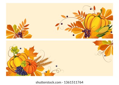 Thanksgiving background with space for text, horizontal banners with autumn leaves, pumpkins, chokeberry vector Illustration