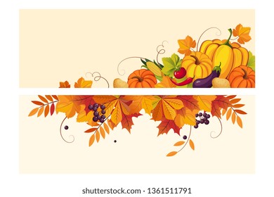 Thanksgiving background with space for text, horizontal banners with autumn leaves and vegetables vector Illustration