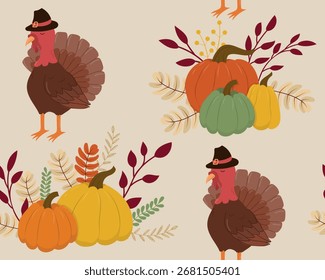 Thanksgiving background with turkey. Seamless pattern for textile, wrapping paper. Vector illustration	