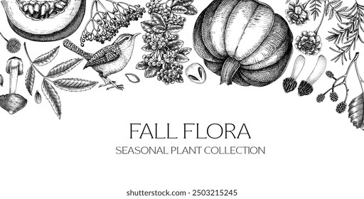 Thanksgiving background. Vintage autumn border. Fall leaves, pumpkins, berries, mushrooms sketches.  Hand-drawn vector illustration NOT AI generated