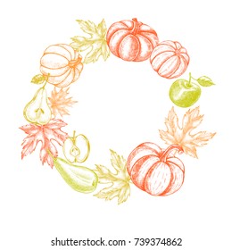 Thanksgiving Background. Wreath with Ink hand drawn pumpkins, pears, apples and maple leaves. Autumn harvest elements composition. Vector illustration.