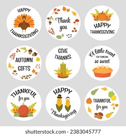 Thanksgiving badges and labels vector design elements set. Printable Thanksgiving tags and stickers. Thank you appreciation typography messages. Thanksgiving lettering autumn frames hand drawn style. 