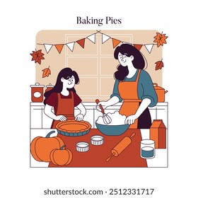 Thanksgiving baking with family. Mother and child prepare pumpkin pie with joyful hearts for the holiday feast. Cozy kitchen ambience. Vector illustration.