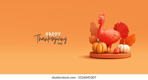 Thanksgiving banner, 3D domestic bird, pumpkin, autumn leaves. Autumn festive banner. Vector illustration