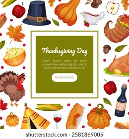 Thanksgiving Banner with Autumn Fest Object Vector Template