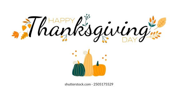 Thanksgiving banner with autumn leaves, bright pumpkins