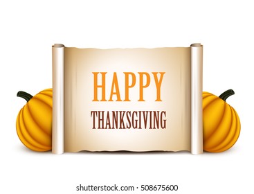 Thanksgiving banner, card with empty paper scroll and pumpkins. Vector illustration.