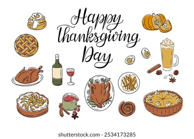 Thanksgiving banner with colorful doodles of traditional foods and drinks, including turkey, pie, and wine, with festive typography. Vector hand drawn calligraphy text and doodles isolated