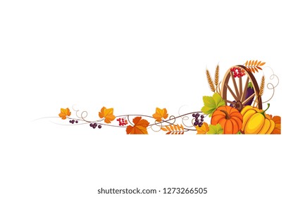 Thanksgiving banner with cornucopia and space for text, autumn vegetables, leaves and wooden wheel vector Illustration