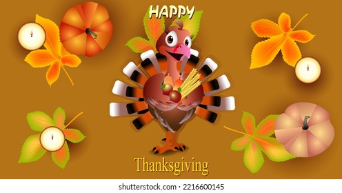  Thanksgiving banner design template. Cute turkey . candles and pumpkins
