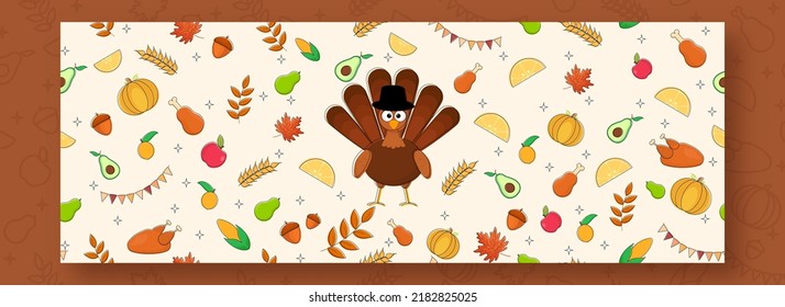 Thanksgiving banner design with turkey bird and fruits, doodle style banner.