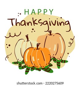Thanksgiving banner, festive background with cartoon orange pumpkins. Autumn holiday poster, header for the site. Design for postcard, invitation for dinner or party. Flat vector illustration.