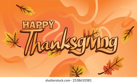 Thanksgiving Banner with Fluid Orange Background and Floating Leaves. web page size template vector illustration