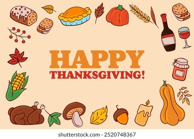 Thanksgiving banner. Happy Thanksgiving with fall-themed food, autumn harvest symbols, pie, pumpkin, corn, family celebration, cozy gathering.