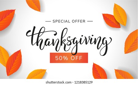 Thanksgiving banner lettering. Special offer Thanksgiving autumn sale. Handwritten beautiful calligraphy for design. - Vector