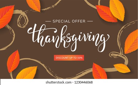 Thanksgiving banner lettering special offer autumn sale with orange leaves on brown background. Vector autumnal template