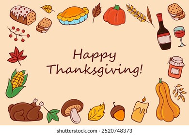 Thanksgiving banner outline icon. Festive symbols of fall harvest, pumpkin, pie, corn, autumn leaves, gratitude, family gathering, celebration, food.