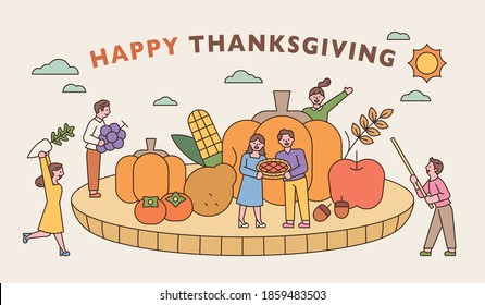 Thanksgiving banner. People are carrying crops around huge crops. flat design style minimal vector illustration.