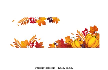 Thanksgiving banner with pumpkins and colorful chokeberry, rowan, maple leaves, border frame with space for text vector Illustration